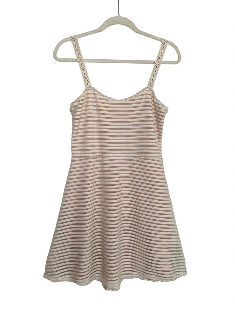 FREE PEOPLE Sheer Striped Crochet Trim Babydoll Dress Size M Beige Cream Mini